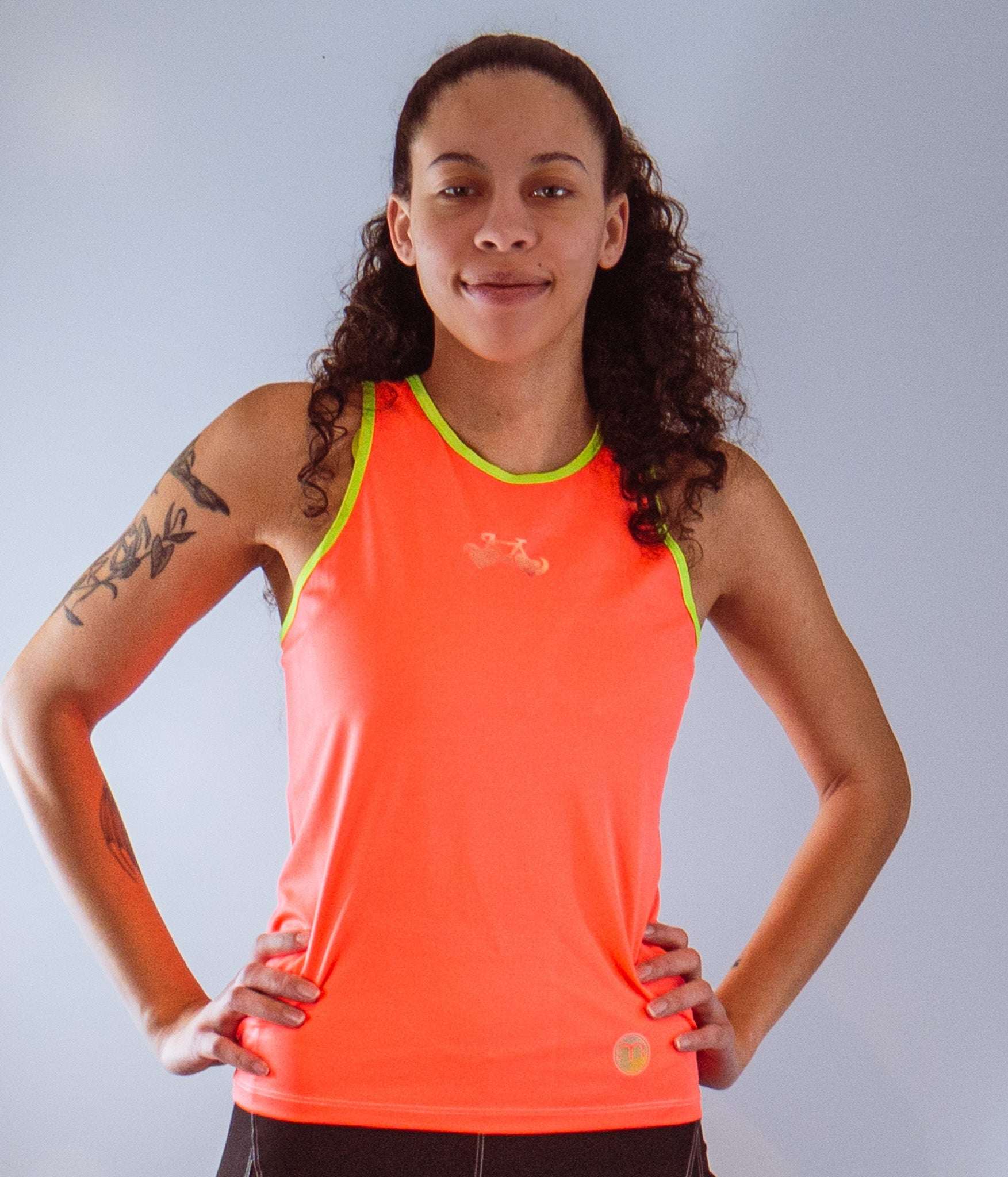 Women's sleeveless bike jersey in high visibility colors, featuring a Fun Bike Luv graphic.